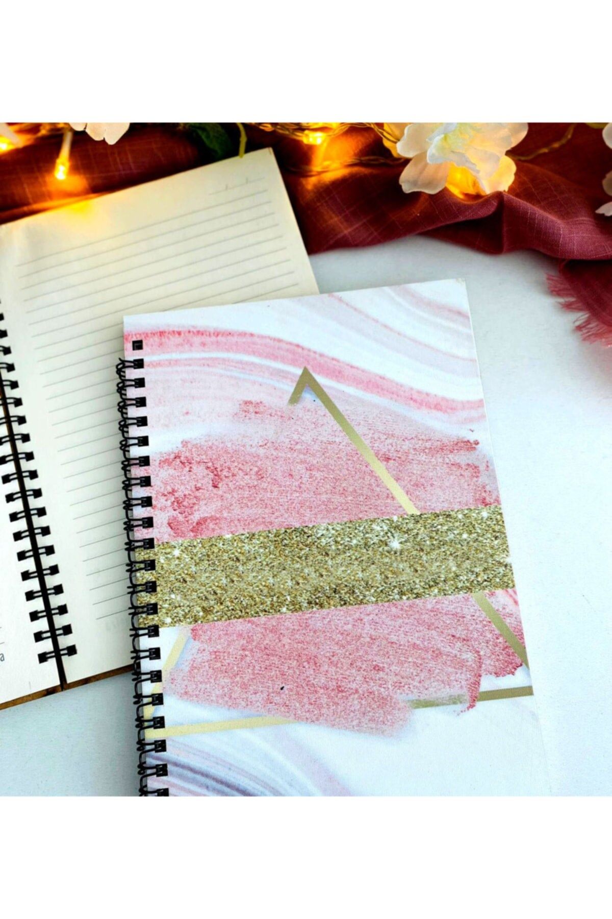 Pembe Gold Mermer Desen Baskılı Ahşap Defter