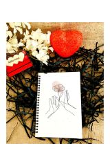 Sevgililer Günü Çiçekli El Desen Baskılı Ahşap Defter - Beyaz