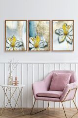 Çiçek Desenli Üçlü Ahşap Çerçeveli Tablo 23 x 30