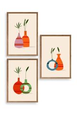 Çiçek Desenli Üçlü Ahşap Çerçeveli Tablo 17 x 23