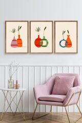 Çiçek Desenli Üçlü Ahşap Çerçeveli Tablo 30 x 42