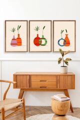 Çiçek Desenli Üçlü Ahşap Çerçeveli Tablo 30 x 42