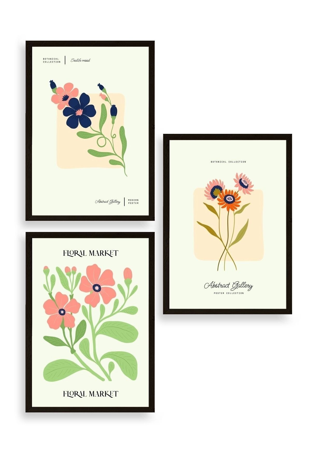 Flower Market Üçlü Ahşap Çerçeveli Tablo 23 x 30