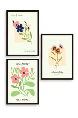 Flower Market Üçlü Ahşap Çerçeveli Tablo 30 x 40