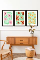 Çiçekler Üçlü Ahşap Çerçeveli Tablo 23 x 30