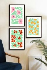 Çiçekler Üçlü Ahşap Çerçeveli Tablo 23 x 30