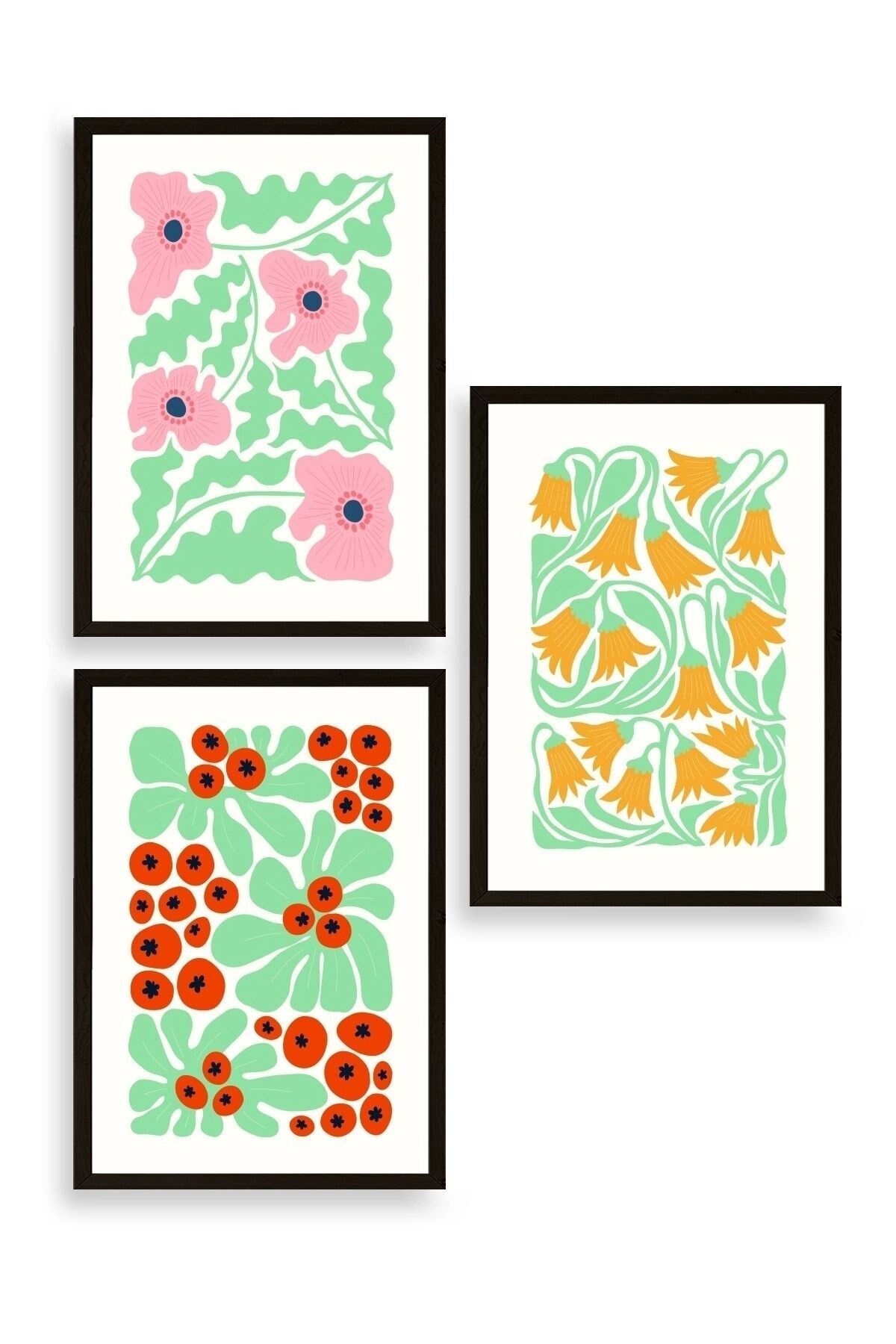 Çiçekler Üçlü Ahşap Çerçeveli Tablo 30 x 40