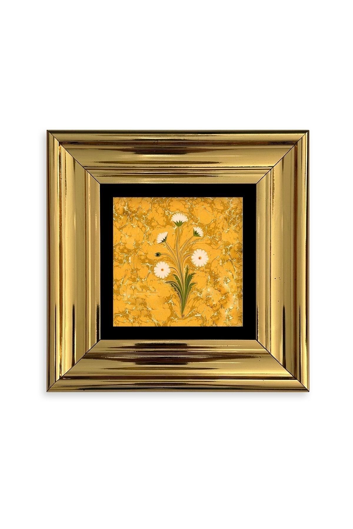 Ebru Sanatı Çiçek Çerçeveli Taş Tablo 20 cm