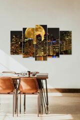 Ay ve Şehir Manzarası 5 Parçalı Mdf Tablo 60 x 100