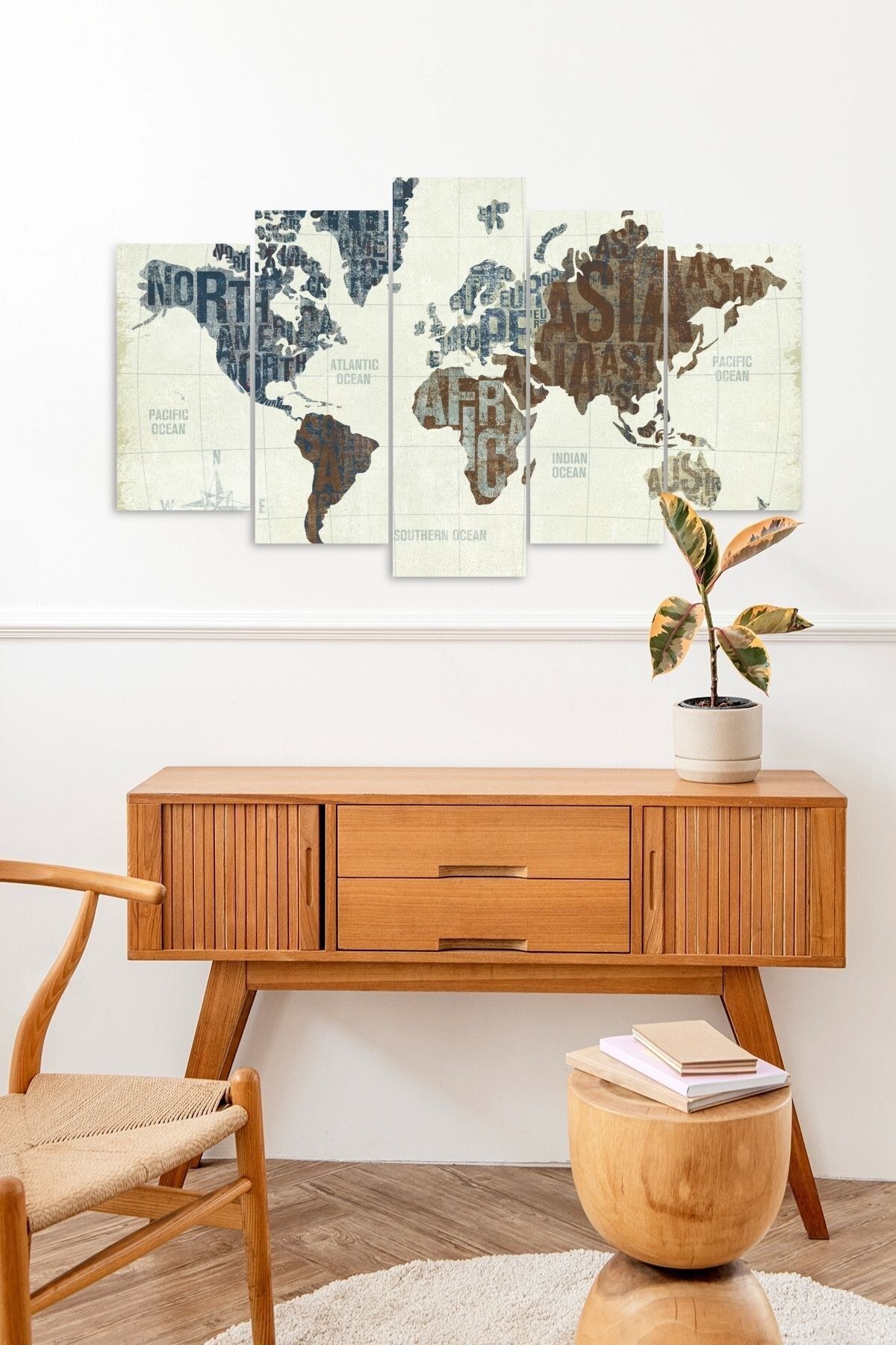 Dünya Haritası 5 Parçalı Mdf Tablo 60 x 100