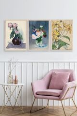 Vazodaki Çiçekler Üçlü Ahşap Çerçeveli Tablo 40 x 60