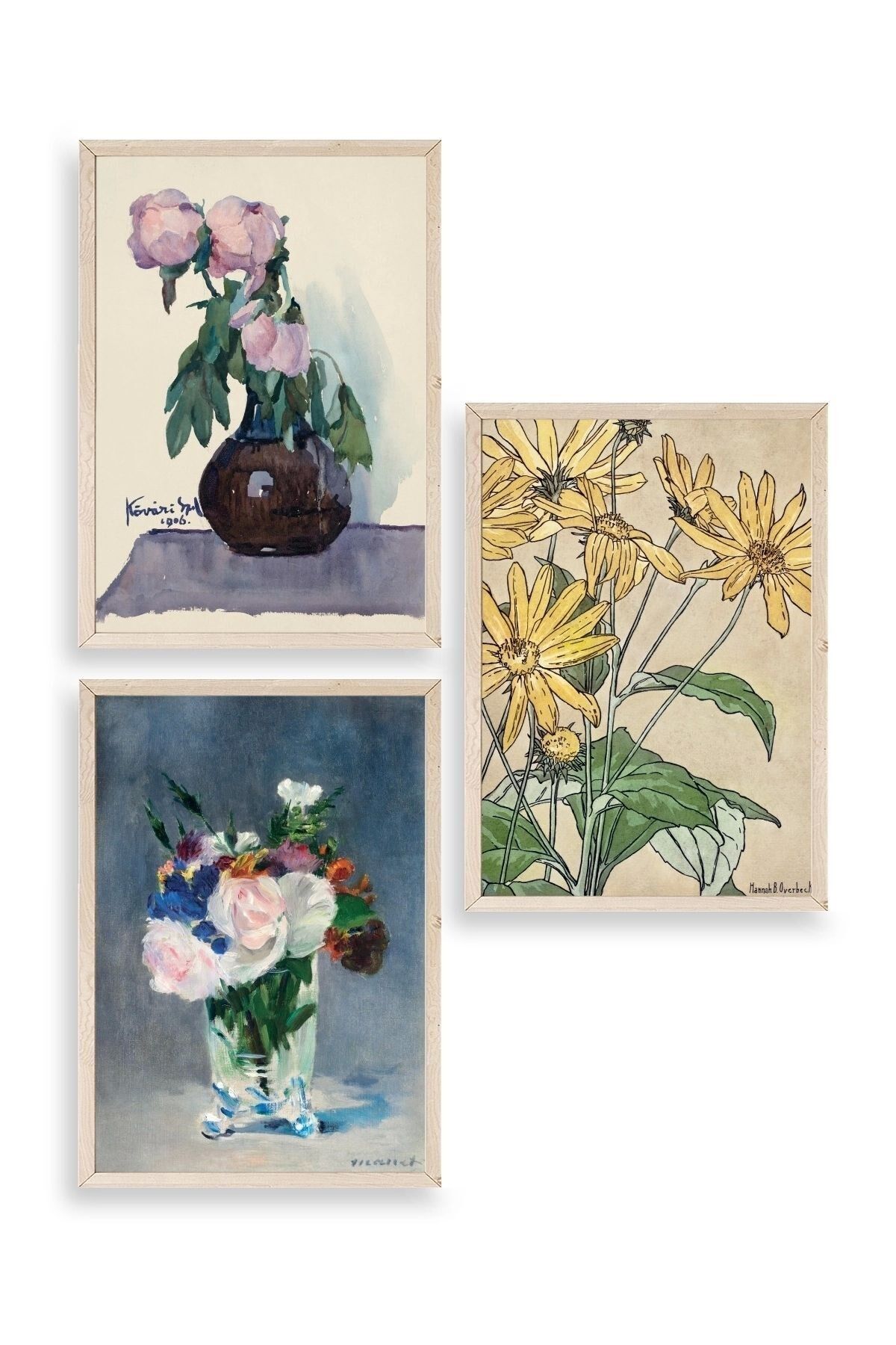 Vazodaki Çiçekler Üçlü Ahşap Çerçeveli Tablo 30 x 40