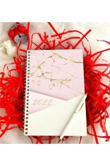 2022 Yılı Mermer Desen Ahşap Defter Kalem - Pembe