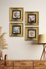 Çiçekler 4 lü Set Çerçeveli Taş Tablo 20 cm
