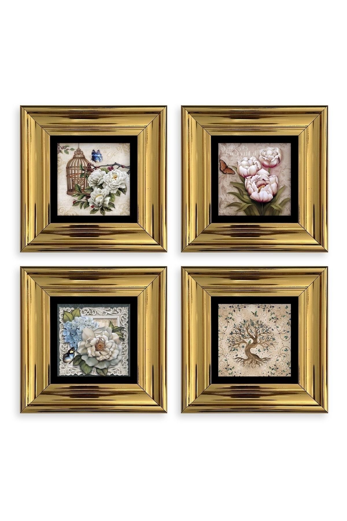 Çiçekler 4 lü Set Çerçeveli Taş Tablo 20 cm