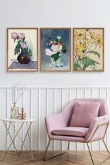 Vazodaki Çiçekler Üçlü Ahşap Çerçeveli Tablo 23 x 30