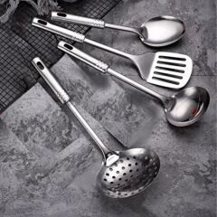 BUFFER® 4lü Çelik Kepçe,Süzgeç,Servis Kaşığı,Spatula Mutfak Yemek Hazırlama Servis Seti