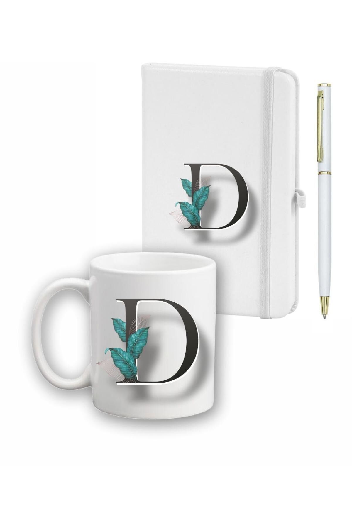 Beyaz Yaprak Desenli  Ajanda Kupa ve Kalem Seti