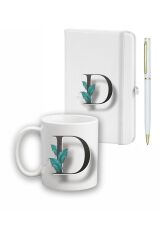 Beyaz Yaprak Desenli  Ajanda Kupa ve Kalem Seti