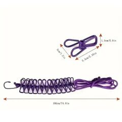 BUFFER® Taşınabilir Seyahat Çamaşır İpi 12 Mandallı Klipsli Lastikli Çamaşır Mandalları