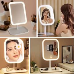 BUFFER® Dokunmatik LED Işıklı Kare Makyaj Aynası – Altı Organizer Kaseli, Ayarlanabilir Aydınlatmalı Masaüstü Makyaj ve Cilt Bakım Aynası