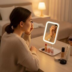 BUFFER® Dokunmatik LED Işıklı Kare Makyaj Aynası – Altı Organizer Kaseli, Ayarlanabilir Aydınlatmalı Masaüstü Makyaj ve Cilt Bakım Aynası