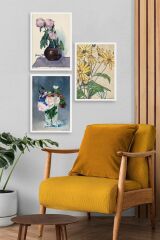 Vazodaki Çiçekler Üçlü Ahşap Çerçeveli Tablo 50 x 70