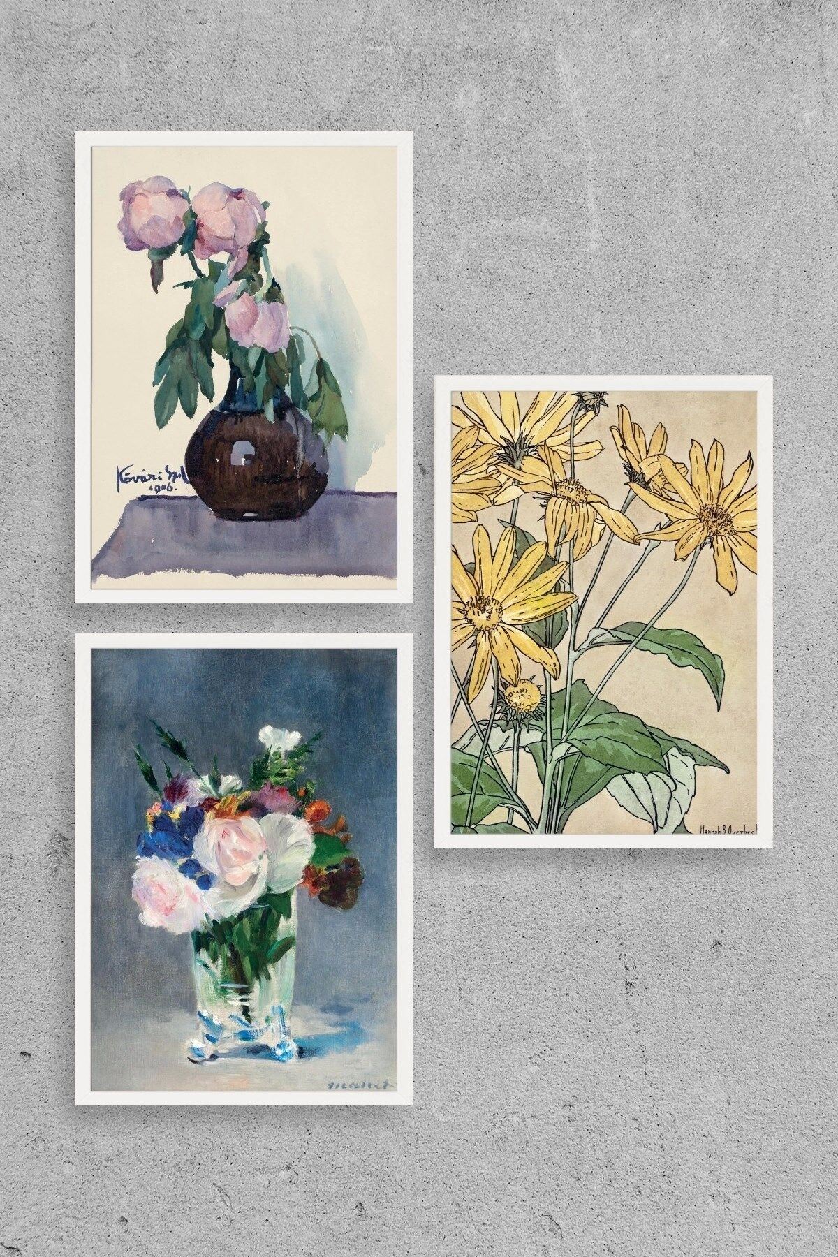 Vazodaki Çiçekler Üçlü Ahşap Çerçeveli Tablo 40 x 60