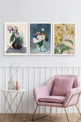 Vazodaki Çiçekler Üçlü Ahşap Çerçeveli Tablo 30 x 40