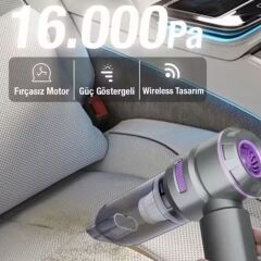 BUFFER® 9 Farklı Uçlu Kablosuz Şarjlı Araç İçi Süpürge – Wireless Destekli, Güçlü Emiş, Taşınabilir Pratik Araç Temizleyici