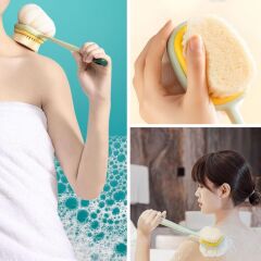 BUFFER®  2'si 1 Arada Çift Taraflı Uzun Saplı Fırçalı Banyo Vücut Sırt Fırçası Banyo Lifi