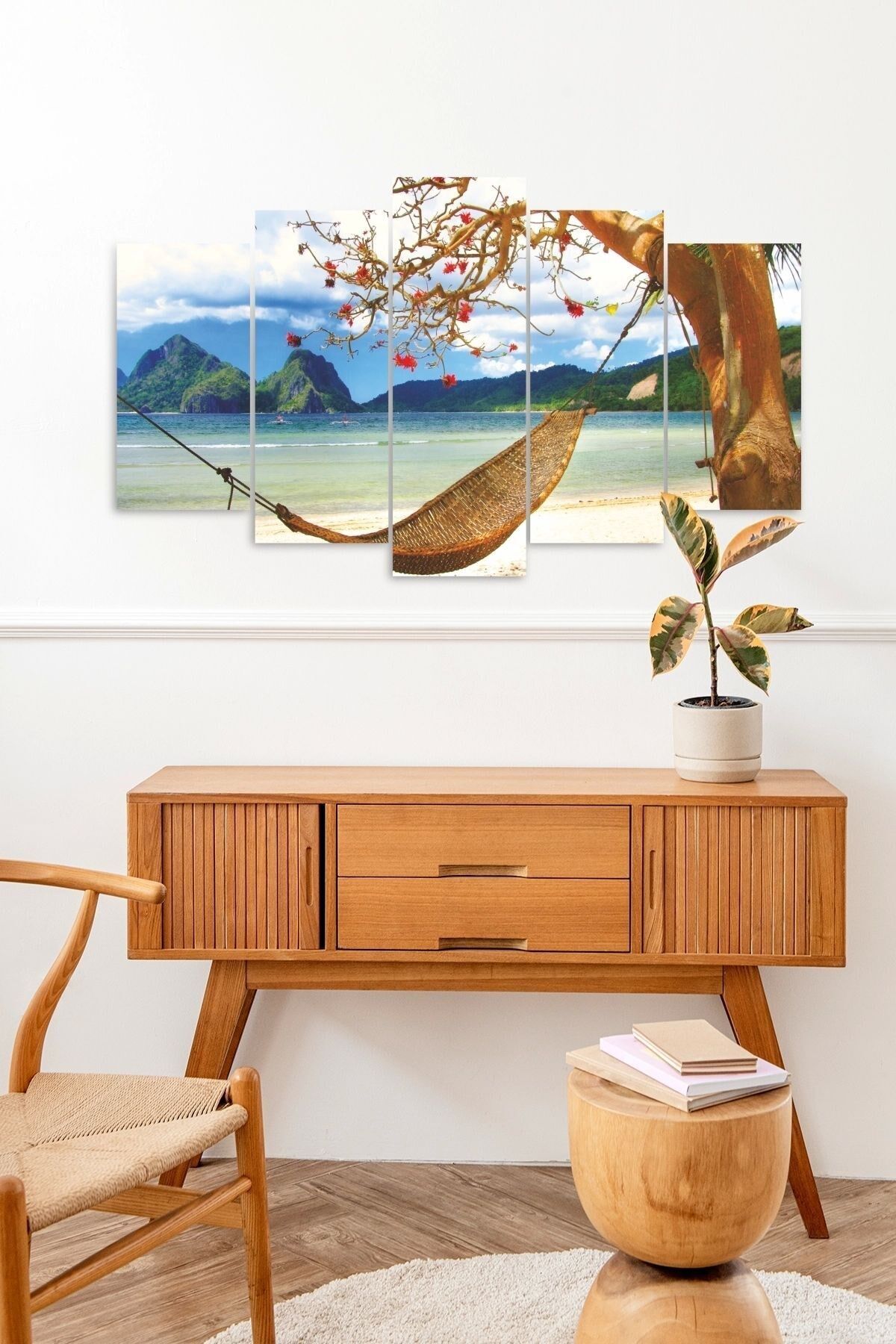 Deniz Manzarası ve Hamak 5 Parçalı Mdf Tablo 60 x 100