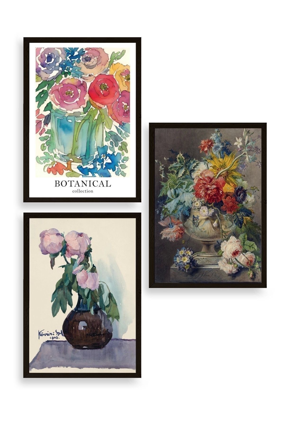 Çiçek Üçlü Ahşap Çerçeveli Tablo 40 x 60