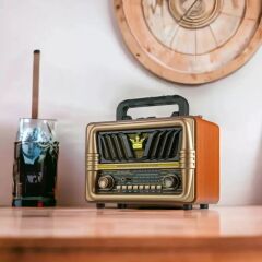 BUFFER® Büyük Boy Telefon Tutma Saplı Retro Ahşap Tasarım Bluetooth Hoparlörlü Radyo – FM/AM Destekli, Şarjlı ve Taşınabilir Radyo NS-8077