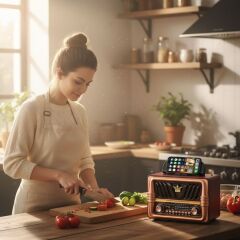 BUFFER® Büyük Boy Telefon Tutma Saplı Retro Ahşap Tasarım Bluetooth Hoparlörlü Radyo – FM/AM Destekli, Şarjlı ve Taşınabilir Radyo NS-8077