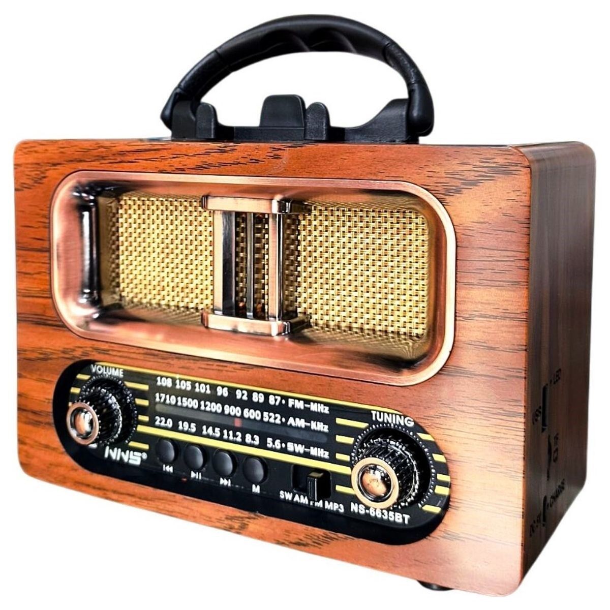 BUFFER® Büyük Boy Retro, Nostaljik, Ahşap Tasarım Bluetooth Hoparlörlü, Şarjlı, Taşınabilir FM/AM Destekli Radyo NS-6635