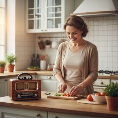 BUFFER® Büyük Boy Retro, Nostaljik, Ahşap Tasarım Bluetooth Hoparlörlü, Şarjlı, Taşınabilir FM/AM Destekli Radyo NS-6635