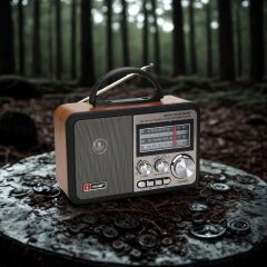 BUFFER® Orta Boy Retro, Nostaljik, Ahşap Tasarım Bluetooth Hoparlörlü, Şarjlı, Taşınabilir FM/AM Destekli Radyo NS-8897