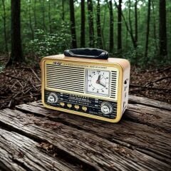 BUFFER® Orta Boy Saat Göstergeli Retro Ahşap Tasarım Bluetooth Hoparlörlü Radyo – FM/AM Destekli, Şarjlı ve Taşınabilir Radyo NS-8898