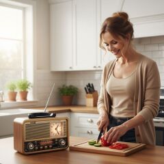 BUFFER® Orta Boy Saat Göstergeli Retro Ahşap Tasarım Bluetooth Hoparlörlü Radyo – FM/AM Destekli, Şarjlı ve Taşınabilir Radyo NS-8898