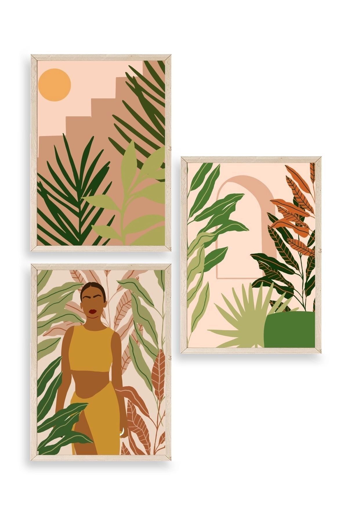 Düşündüren Çiçekli Üçlü Ahşap Çerçeveli Tablo 50 x 70