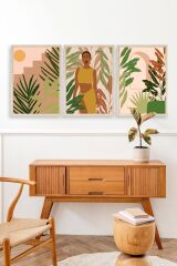 Düşündüren Çiçekli Üçlü Ahşap Çerçeveli Tablo 23 x 30