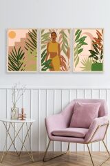 Düşündüren Çiçekli Üçlü Ahşap Çerçeveli Tablo 17 x 23