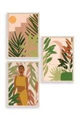 Düşündüren Çiçekli Üçlü Ahşap Çerçeveli Tablo 30 x 42