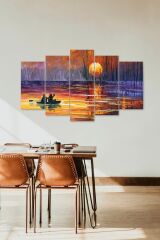 Batan Güneş ve Kayık 5 Parçalı Mdf Tablo 60 x 100