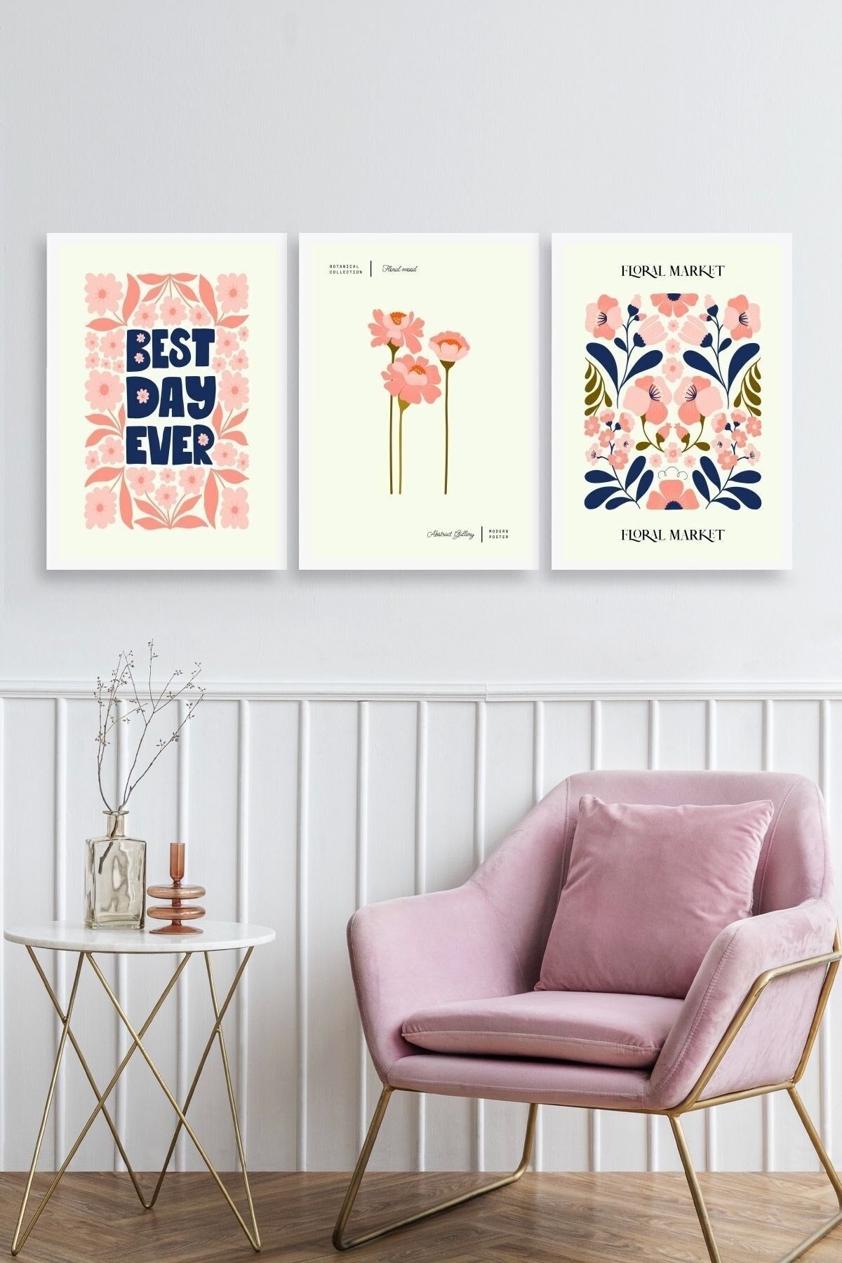 Flower Market Üçlü Ahşap Çerçeveli Tablo 50 x 70