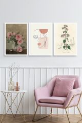 Çiçek Üçlü Ahşap Çerçeveli Tablo 23 x 30