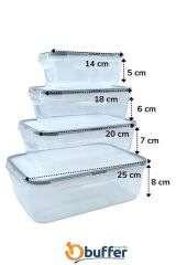 BUFFER® 4lü İç İçe Sızdırmaz Contalı Kilitli Kapaklı Plastik Erzak Saklama Kapları LC315