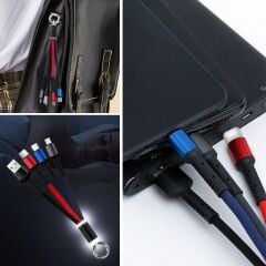 BUFFER® Işıklı Anahtarlık Model 3 in 1 USB Çıkışlı MİKRO,TYPE-C ve İphone Uyumlu Şarj Kablosu