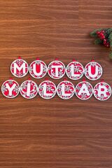 BUFFER® 11 Harfli Kırmızı Beyaz İpli MUTLU YILLAR Yazılı Ahşap Yılbaşı Ağaç Süsü